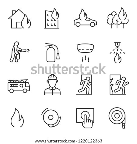 Fire and firefighting, icon set. fire prevention and elimination, linear icons. Line with editable stroke