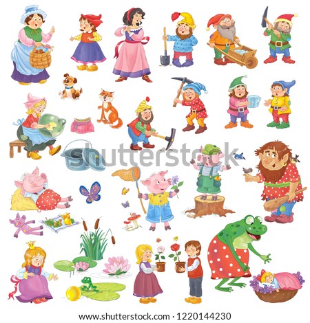 Set of cute fairy tale characters isolated on white background. Coloring page. Illustration for children. Cartoon. 