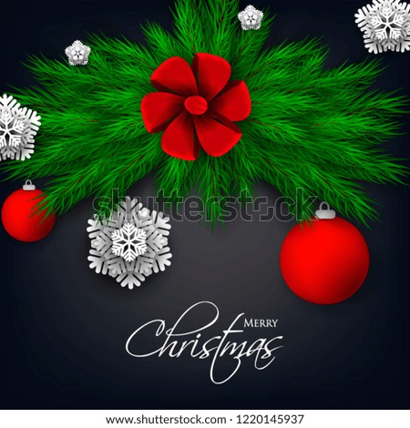 Merry Christmas Party invitation vector with fir pine wreath snowflake gift box red bow christmas ball
