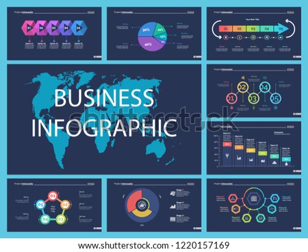 Business inforgraphic design set for marketing concept. Can be used for business project, annual report, web design. Process chart, option chart, flowchart, bar graph, area chart, donut diagram