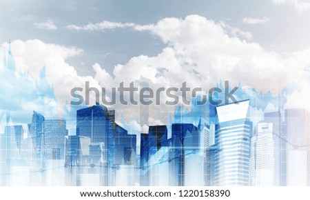Double exposure of modern cityscape view with digital media interface. Wallpaper, backdrop with copyspace.
