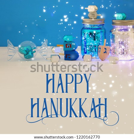 Image of jewish holiday Hanukkah with dreidels colection (spinning top)