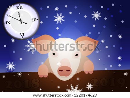 New Year postcard with a pig on the fence, snowflakes and a clock in the midnight on the dark background