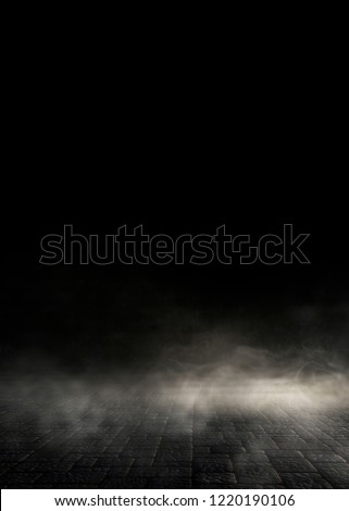 Background of an empty dark-black room. Empty brick walls, lights, smoke, glow, rays