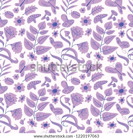 Floral seamless pattern with butterflies and bugs. Cute doodle summer and spring background with flowers and leaves, mushrooms and insects. Vector illustration for surface design