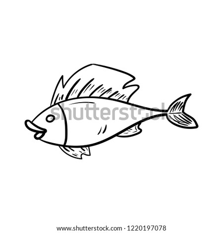Handdrawn doodle fish icon. Hand drawn black sketch. Sign symbol. Decoration element. White background. Isolated. Flat design. Vector illustration.