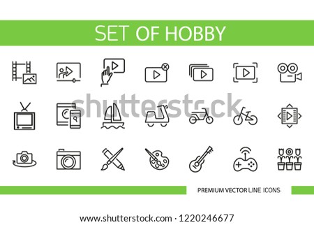 Set of hobby line icons. Filming, cycling, creativity. Leisure concept. Can be used for topics like entertainment, lifestyle, blogging 