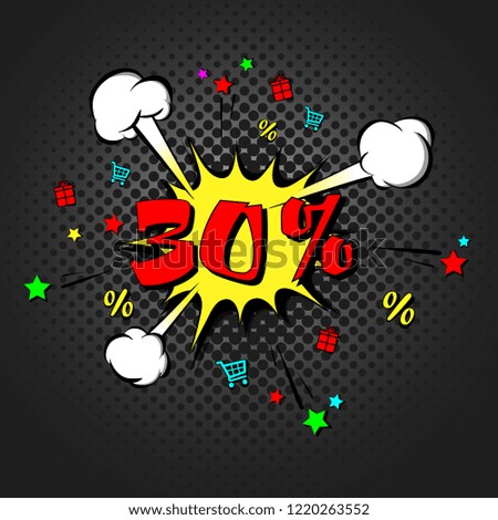 Discount 30 percent comic style on background with bubbles. Comic bang with thirty percent. Pop art retro style. Realistic puffs smoke and stars, gifts, trolley, percentages. Vector illustration