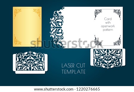 Laser template of openwork envelope, cards. Through cutting of a flower, vegetable pattern from paper, a cardboard. Frame with place for a festive text. Lacy style wedding printing. You can apply for
