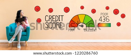 Poor credit score with young woman holding a tablet computer in a chair