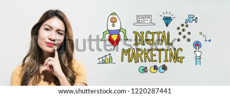 Digital marketing with young woman in a thoughtful fac