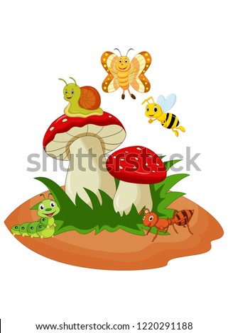 Cartoon funny insects with mushroom