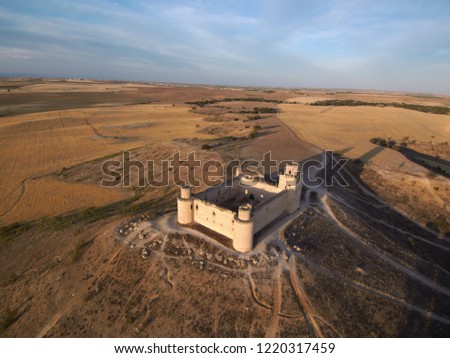Aerial view of spanish castle in Barcience, Toledo. Spain, Drone Photo