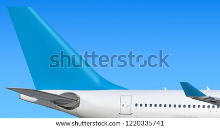 Modern passenger jet aircraft side tail silhouette with airplane parts wing winglet passenger window exit stabilizer fin antenna engine exhaust design air travel isolated on sky light blue scheme