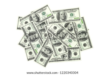 Heap of 100 dollars banknotes isolated on white background. Money concept. High resolution