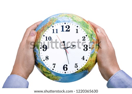 Hands holding earth with clock on white background. time protection planet, Earth