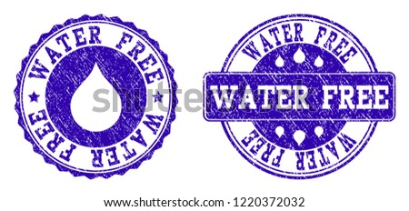 Grunge Water Free stamp seal watermarks. Water Free text inside blue corroded rubber seals with grunge texture. Rectangle and circle figures are used. Designed for water saving illustrations.