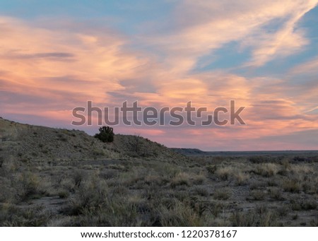 Beautiful picture of a sunset taken looking over a high desert field in the fall.