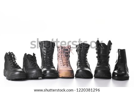 various types of Military leather boots isolated on white background