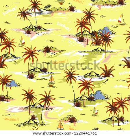 Bright summer pastel Beautiful seamless island pattern on white background. Landscape with palm trees,beach and ocean vector hand drawn style on yellow color background.