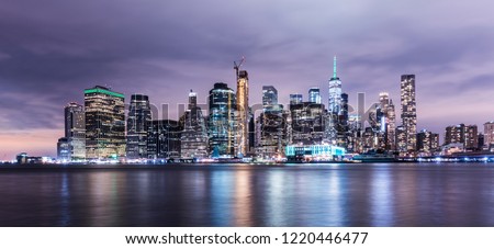 Manhattan panoramic skyline at night. New York City, USA. Office buildings and skyscrapers at Lower Manhattan (Downtown Manhattan).
