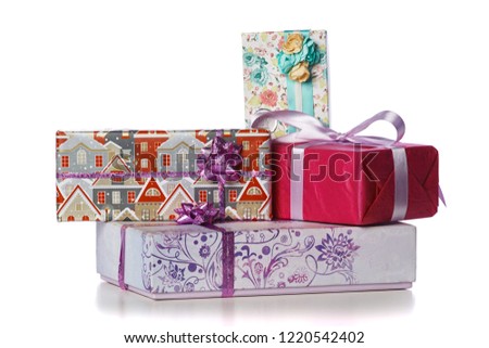 Beautiful boxes with gifts on a table. 