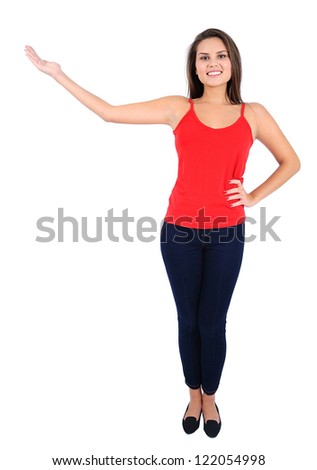 Isolated young casual girl presenting