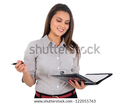 Isolated young business woman with notebook