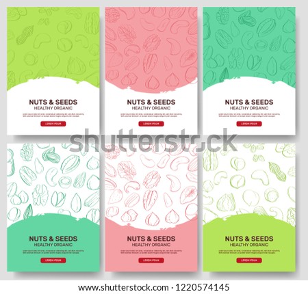 Set of AD-cards (banners, tags, package) with hand DRAW nuts - hazelnut, almond, pistachio, pecan, cashew, brazil nut, walnut, peanut, pine nuts. Vector art. Royalty-Free Stock Photo #1220574145