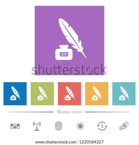 Feather and ink bottle with label flat white icons in square backgrounds. 6 bonus icons included.