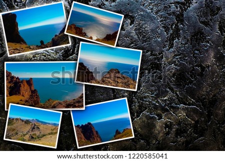 Photo collage on a brick wall background. View of the sea coast, mountain ranges. The concept of tourism. With copy space.