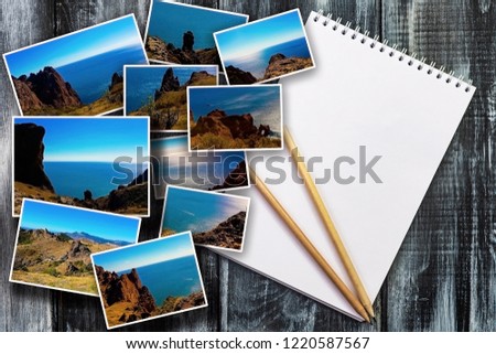 Photo collage on wooden background. View of the sea coast, mountain ranges. The concept of tourism. Place for the inscription in the form of a white notepad. Royalty-Free Stock Photo #1220587567