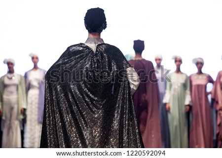 Modest Fashion Show, Catwalk Event, Runway Show, Muslim traditional women clothes Royalty-Free Stock Photo #1220592094