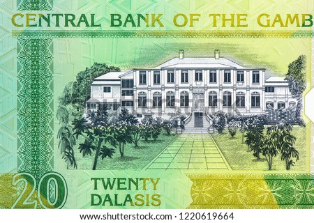 Government house in Banjul. Portrait from Gambia 20 Dalasis Banknote. 