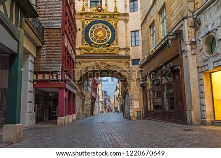 old cozy street in Rouen with famos Great clocks or Gros Horloge of Rouen, Normandy, France with nobody Royalty-Free Stock Photo #1220670649