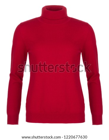 Red women's fashion turtle neck, photographed on ghost mannequin, isolated on white background. Royalty-Free Stock Photo #1220677630