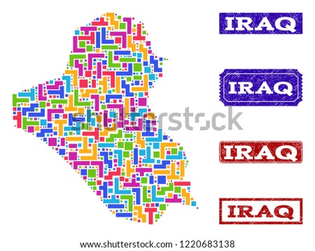 Mosaic brick style map of Iraq and rubber rectangle seals. Vector map of Iraq constructed with colorful blocks. Vector seals with grunge rubber texture. Flat design for patriotic templates.