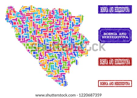 Mosaic brick style map of Bosnia and Herzegovina and corroded rectangle seals. Vector map of Bosnia and Herzegovina constructed with colorful elements. Vector seals with distress rubber texture.