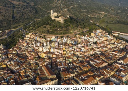 Aerial view of the beautiful village of Bosa with coloured houses. Bosa is located in the north-west of Sardinia, Italy.