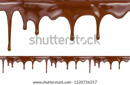 liquid chocolate dripping from cake on white background with cli Royalty-Free Stock Photo #1220726257