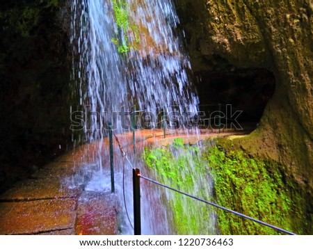 Waterfall, stone pavement and green nature. Rocks, water and wild nature. Tourist path through the waterfall. Adventure trip in the outdoor.