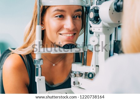 Ophthalmology. Applanation tonometry and eye pressure test Royalty-Free Stock Photo #1220738164