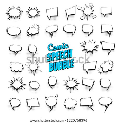 Big set hand drawn monochrome blank effects template comic speech bubbles halftone dot vector background in pop art style. Dialog empty cloud, space for text. Creative comics book conversation chat