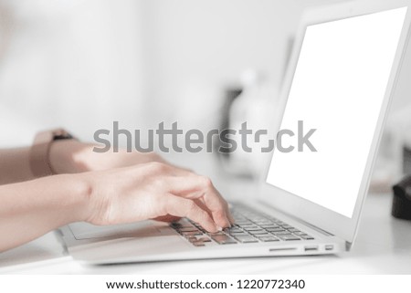 Mockup image of woman working at home office hand on keyboard close up