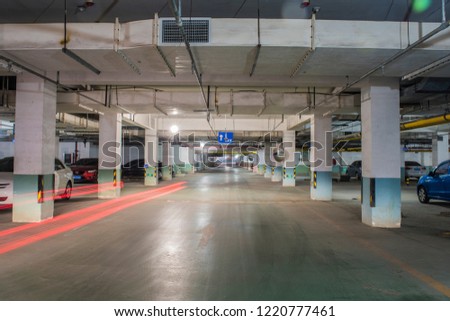 Urban underground garage, parking lot