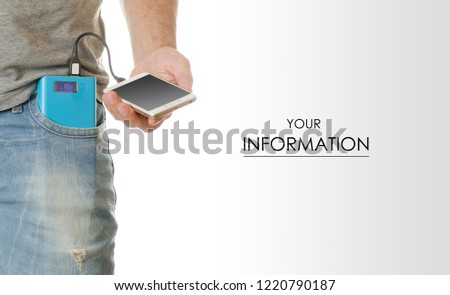 Man in a pocket mobile phone smartphone and a power bank pattern on a white background isolation