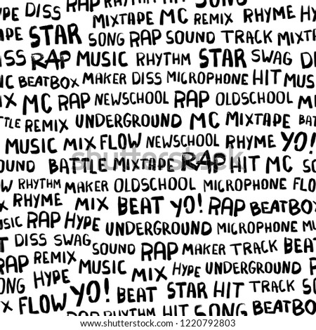 Seamless pattern with words on the rapper theme. Words rap, music, beat, battle, hit, underground, mix and others. Hand drawn illustration