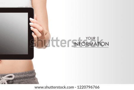 Female hands holding tablet pattern on white background isolation