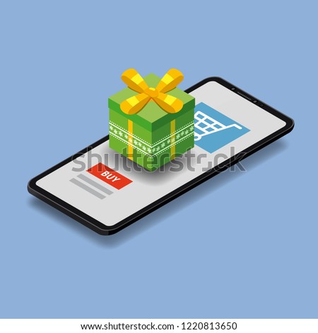 Isometric smartphone with green gift box. Online shopping concept. Sale, e-commerce, retailing, discount theme. Modern blue vector logo. Creative flyer, poster template. Baner, poster, vector