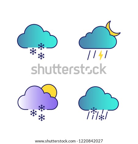 Weather forecast color icons set. Light snow, night thunderstorm, scattered snow, sleet weather. Isolated vector illustrations